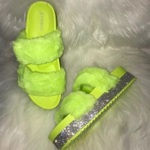 Neon green  double band rhinestone fur slides
